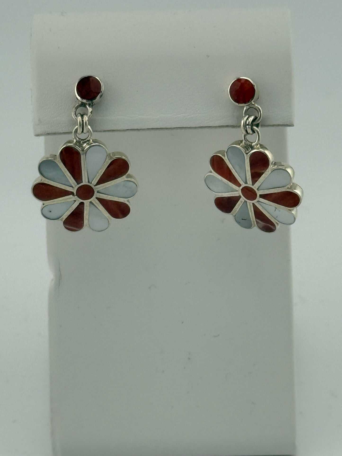 Mother of Pearl and Red Coral Flower Earrings