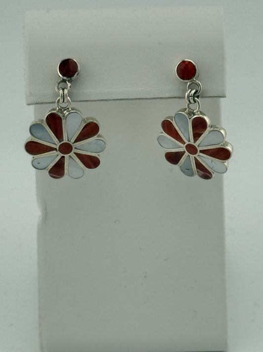 Mother of Pearl and Red Coral Flower Earrings