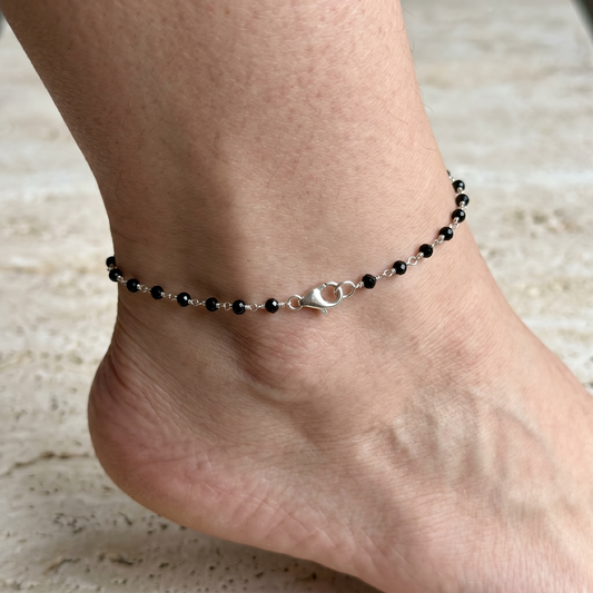 Black Bead and Sterling Silver Chain Anklet