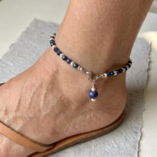Sapphire Pearl and Sterling Silver Anklet