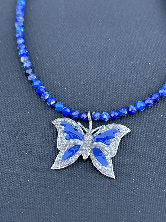 Lapis, Diamond and Enamel Butterfly Necklace