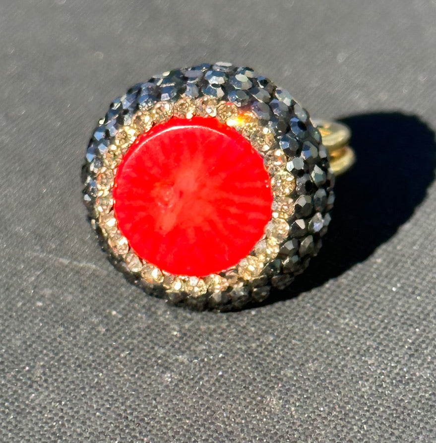 Coral and Swarovski Crystal Adjustable Ring