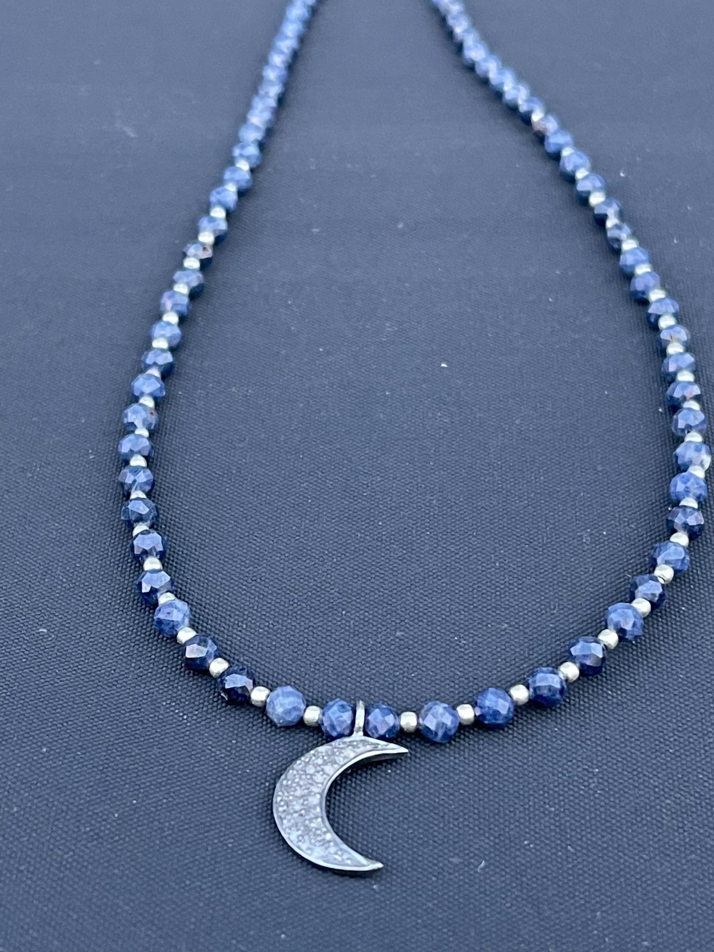 Lapis, Sterling Silver and Diamond Moon Necklace