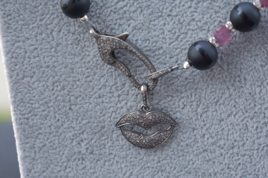 Black Onyx, Diamond, Raw Pink Sapphire and Swarovski Crystal Necklace