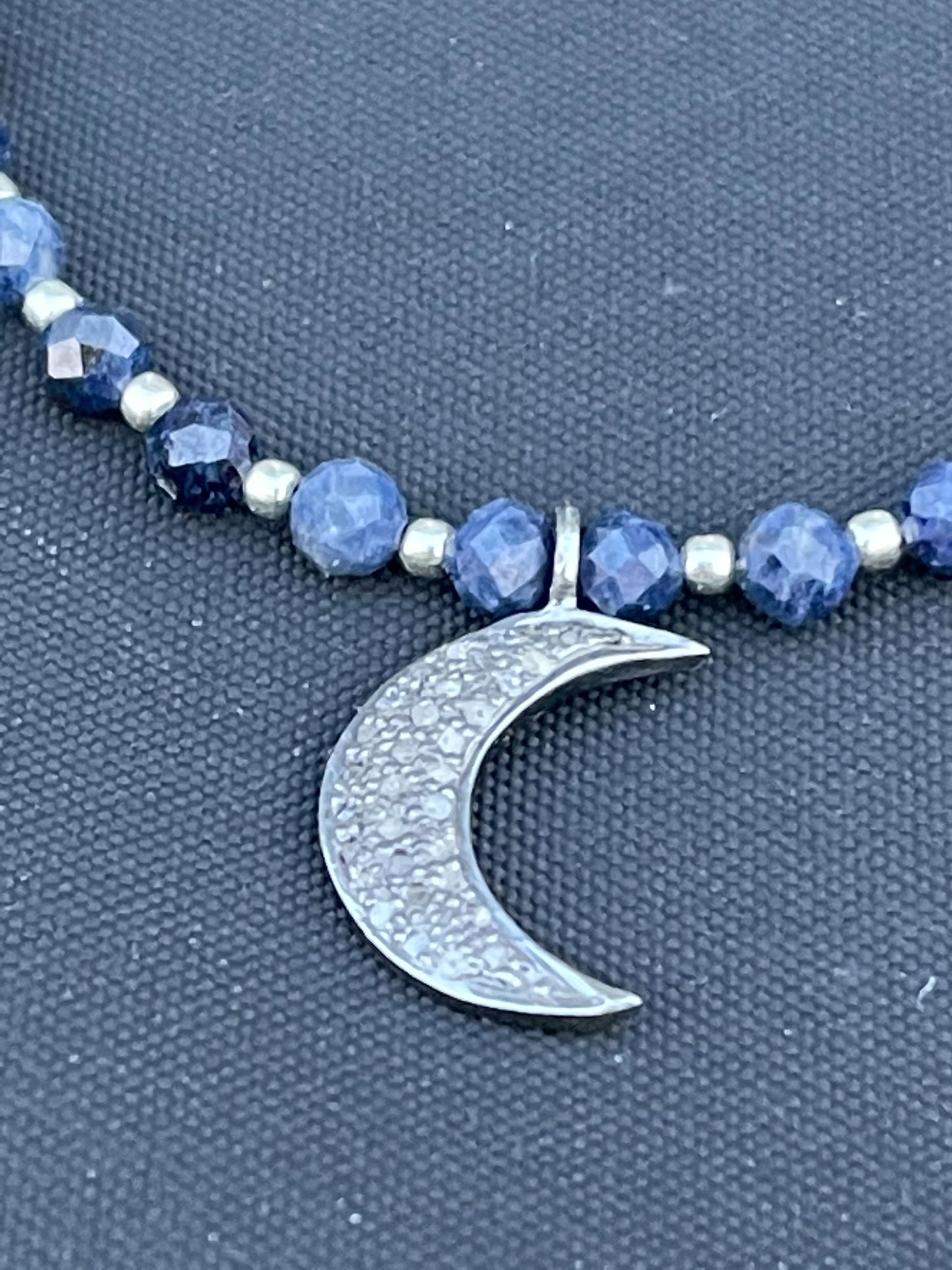 Lapis, Sterling Silver and Diamond Moon Necklace