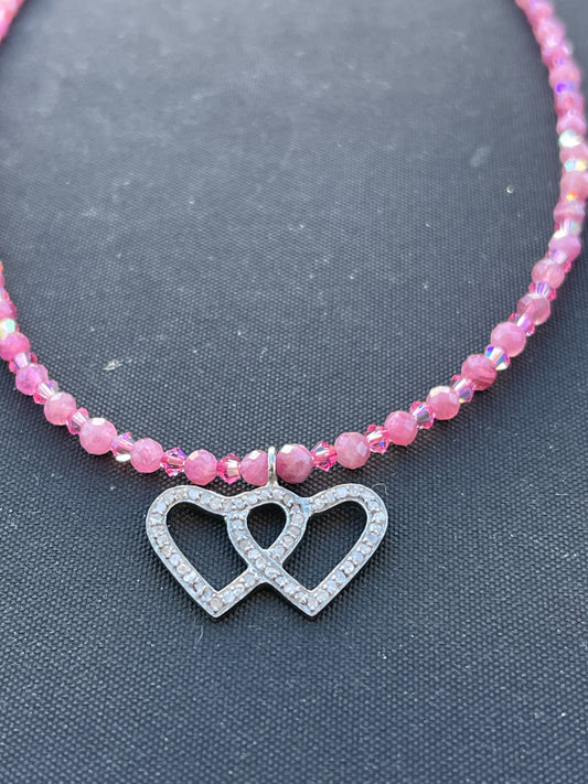 Pink Tourmaline, Swarovski Crystal and Double Heart Diamond Necklace