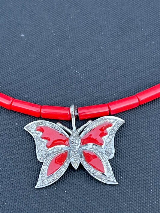 Diamond and Enamel Butterfly Necklace