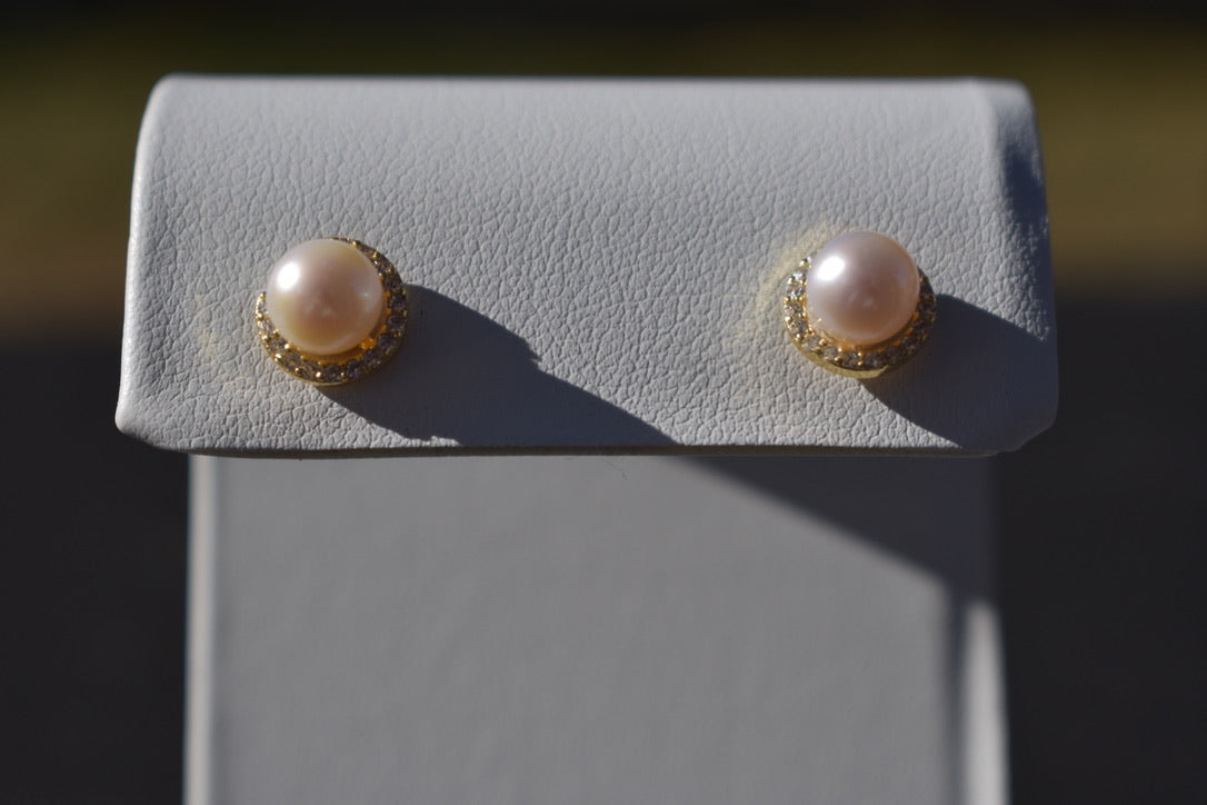 Gold Pearl and Cubic Zirconia Earrings