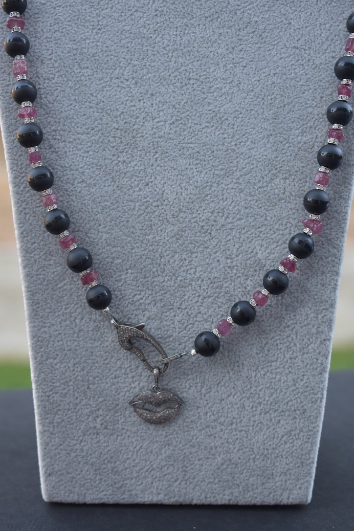 Black Onyx, Diamond, Raw Pink Sapphire and Swarovski Crystal Necklace