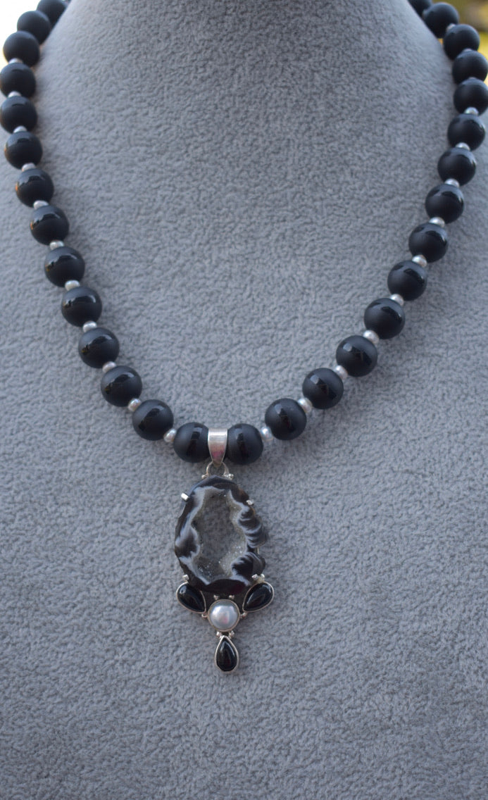 Geode, Black Onyx and Pearl Necklace