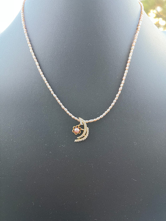 Peach Pearl and Crescent Moon Cubic Zirconia necklace