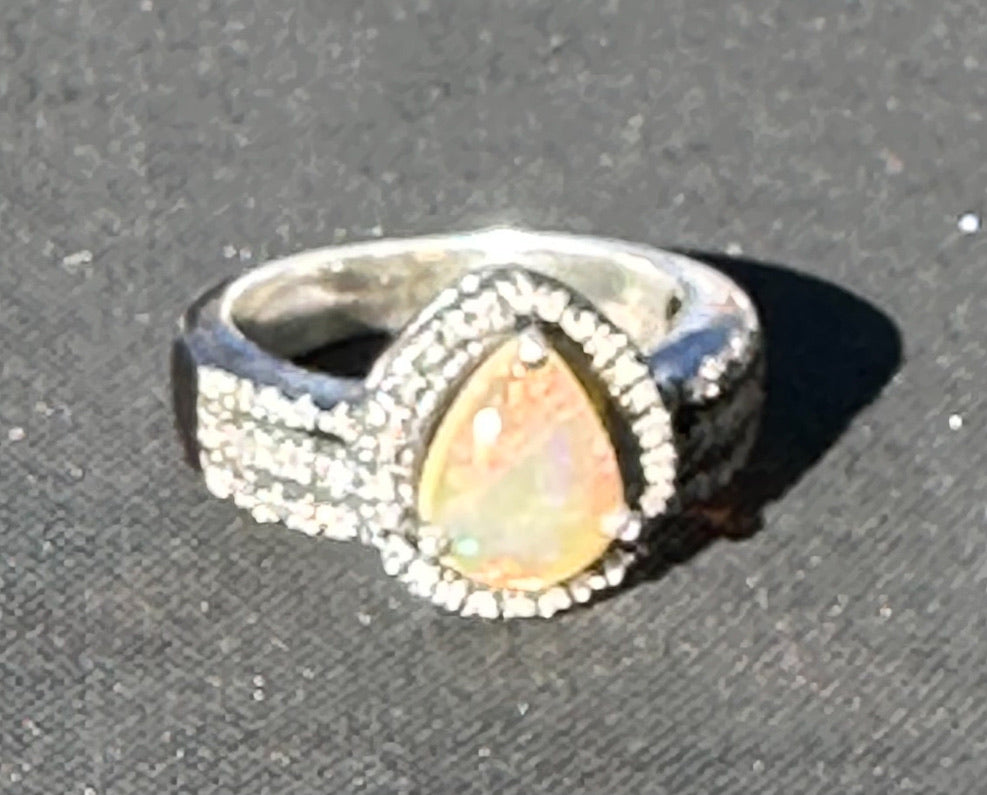 Opal and Diamond Sterling Silver Ring