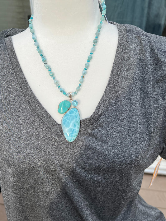 Larimar,  Turquoise and Sky Blue Topaz Necklace