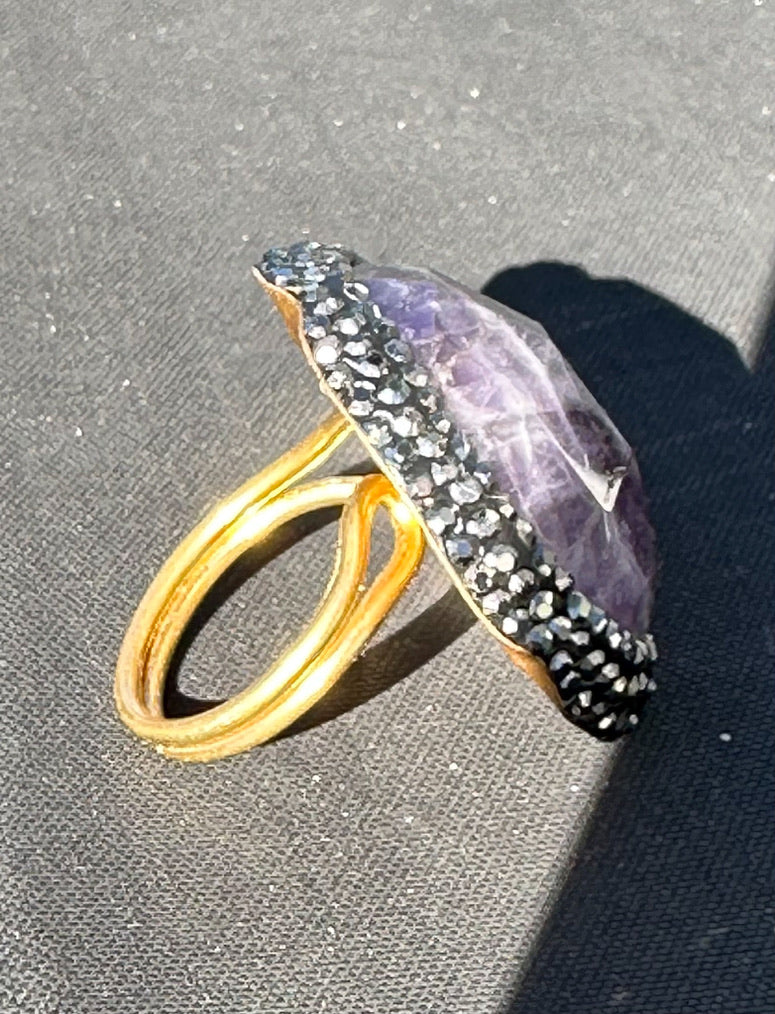 Amethyst and Swarovski Crystal Adjustable Ring