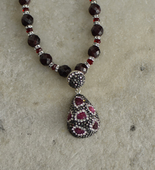 Garnet and Swarovski Crystal Necklace with Ruby and Swarovski Crystal Pendant
