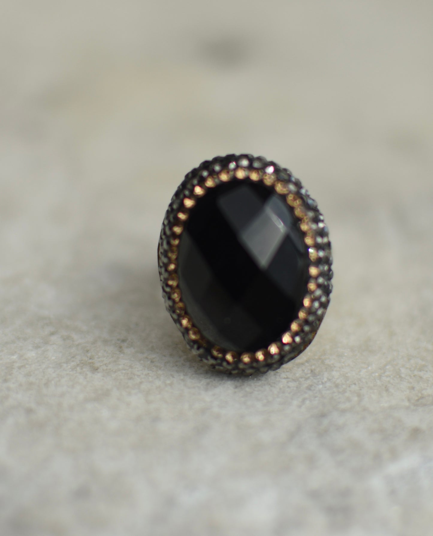 Black Onyx, Swarovski Crystal and Sterling Silver Adjustable Ring