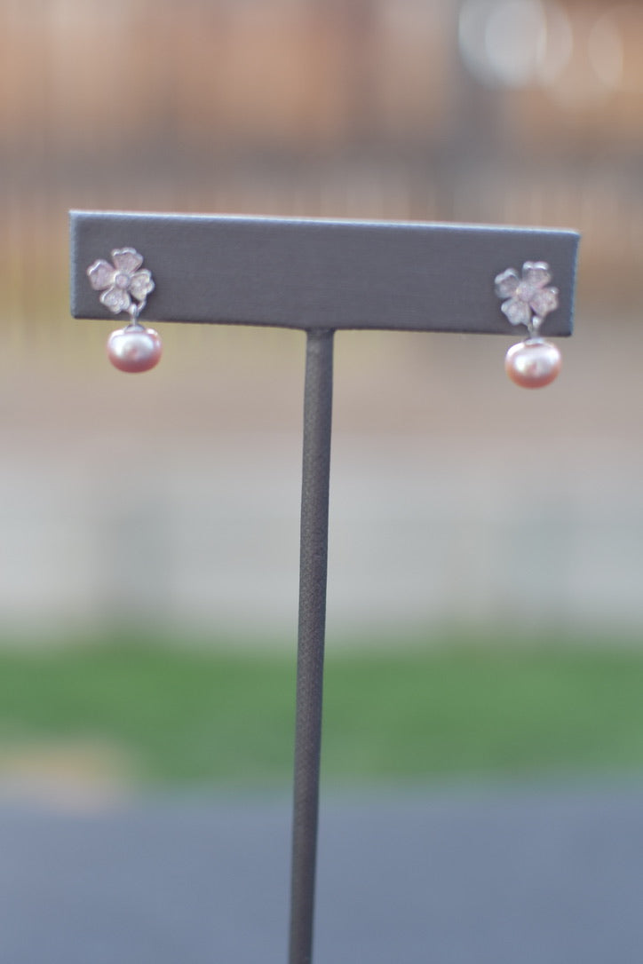 Peach Pearl and Cubic Zirconia Earrings