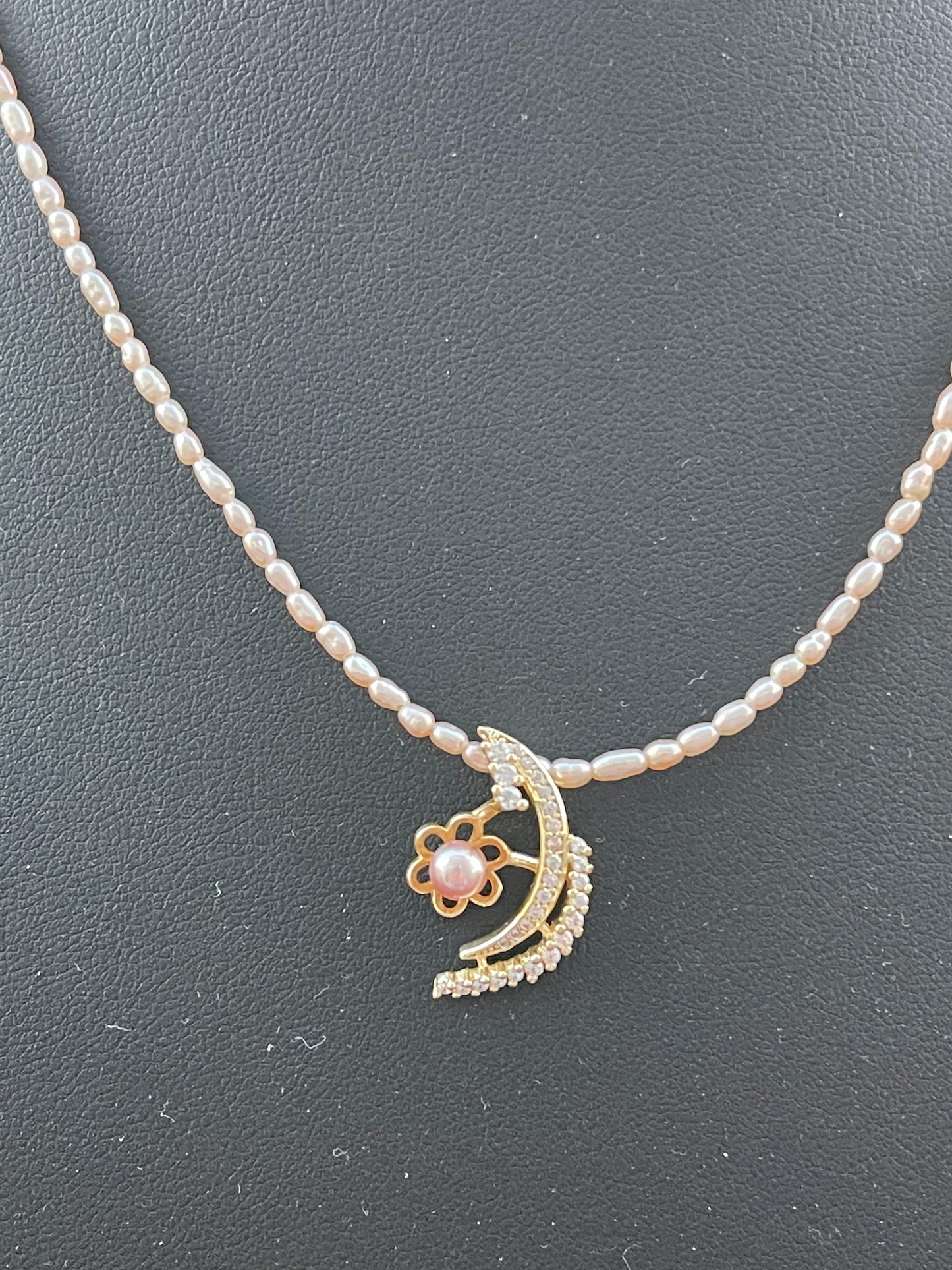 Peach Pearl and Crescent Moon Cubic Zirconia necklace