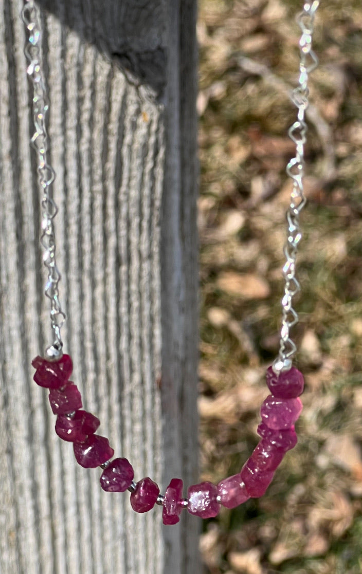 Raw Pink Sapphire and Sterling Silver Necklace