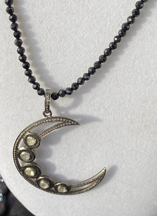 Diamond and Black spinel Half Moon Necklace