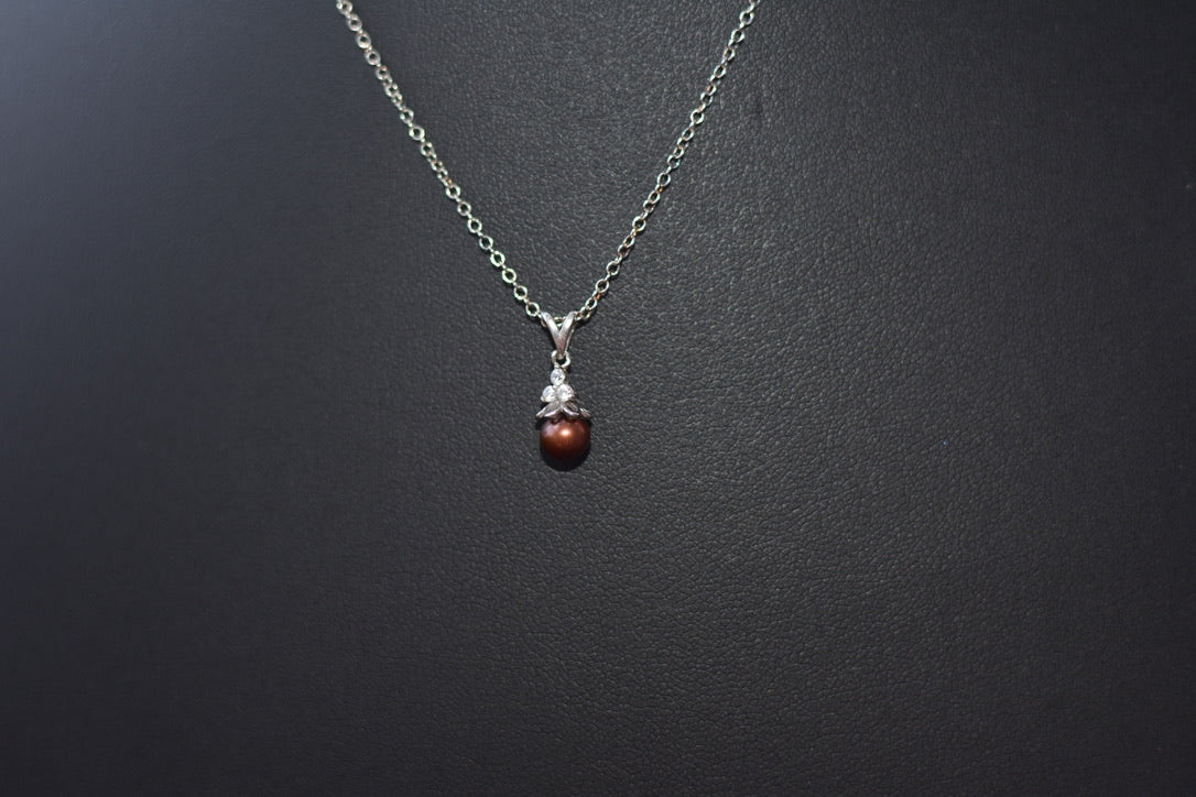 Sterling Silver, Cubic Zirconia and Brown pearl necklace