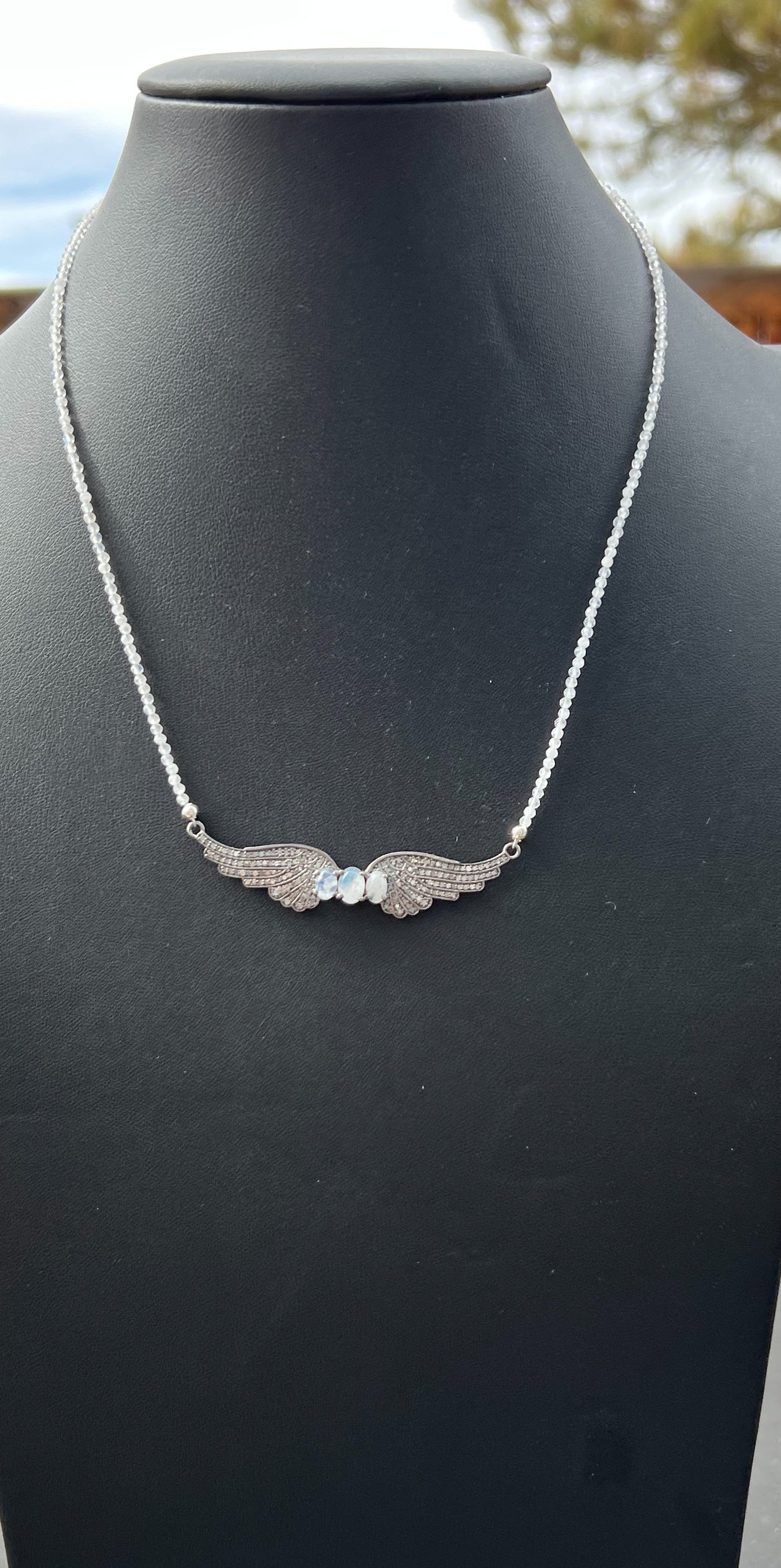 Genuine Diamond and Genuine Moonstone Wing Necklace