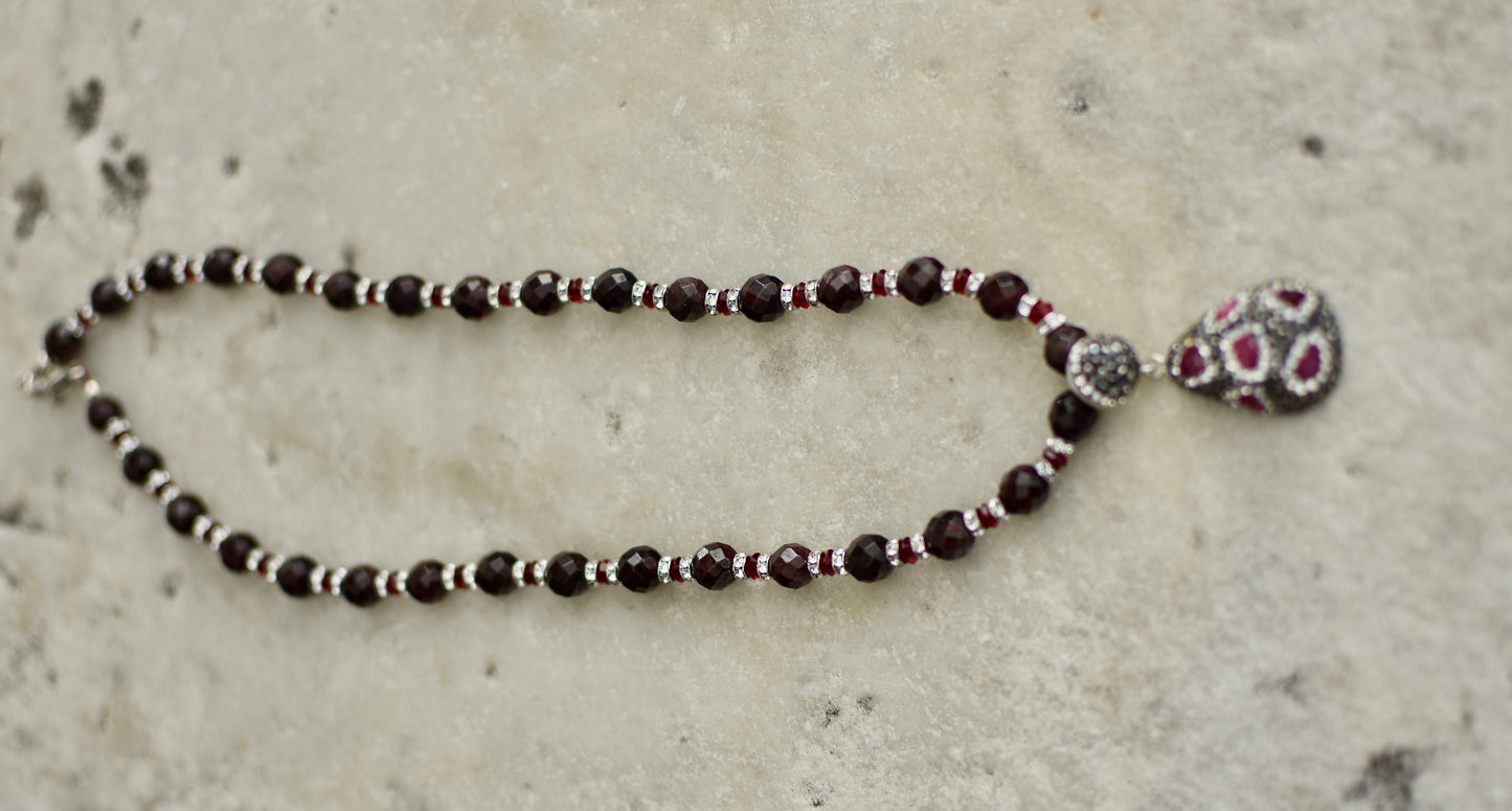 Garnet and Swarovski Crystal Necklace with Ruby and Swarovski Crystal Pendant