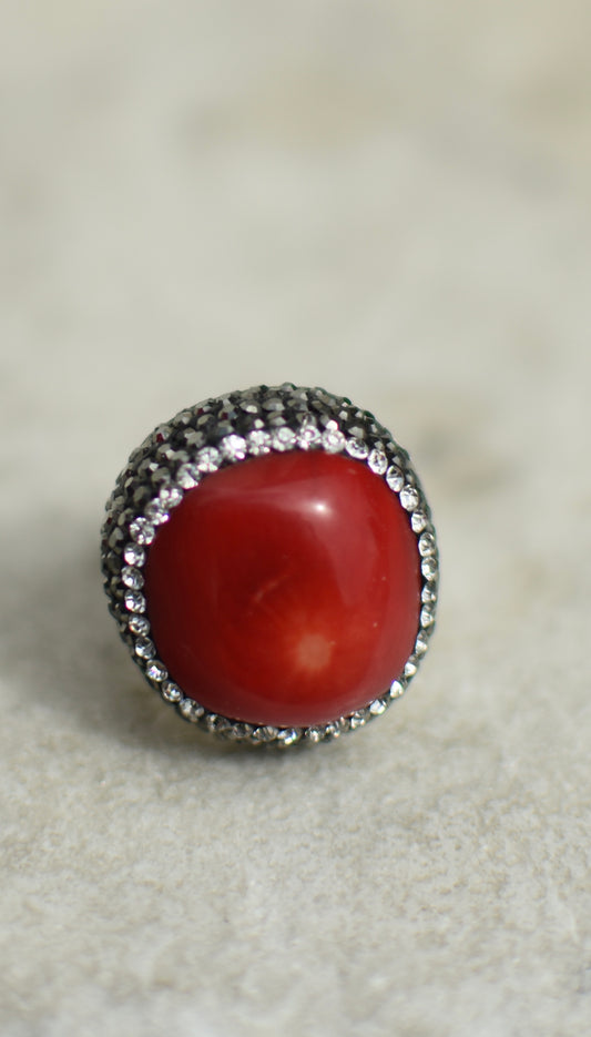 Coral Stone, Swarovski Crystal and Sterling Silver Ring