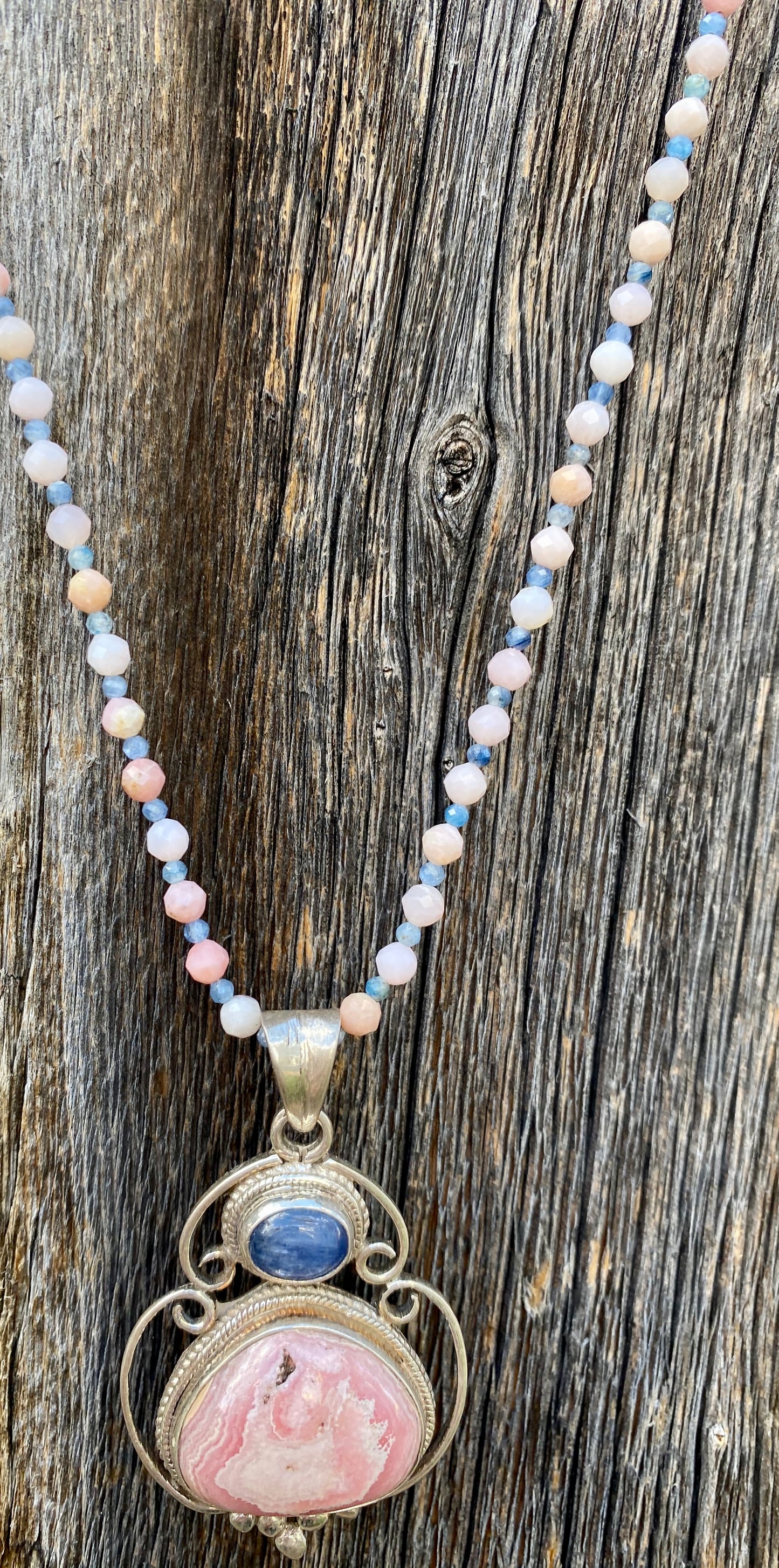 Pink Opal and Kyanite Necklace with Rhodochrosite and Kyanite Pendant