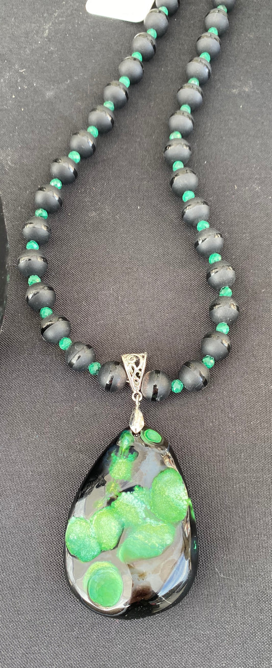 Black Onyx and Malachite Necklace with Painted Agate Pendant