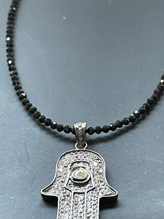Diamond and Black Spinel Hamsa Necklace