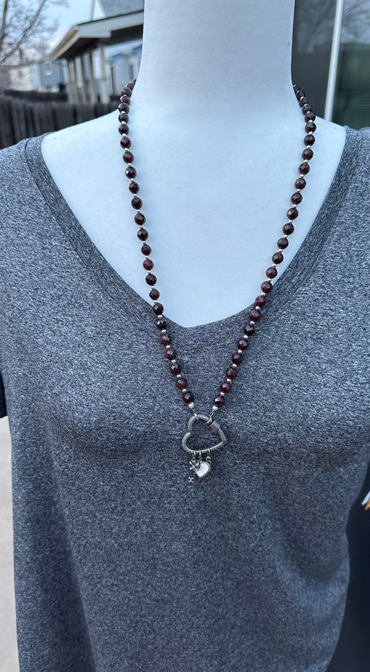 Garnet, Sterling Silver and Heart Love Necklace