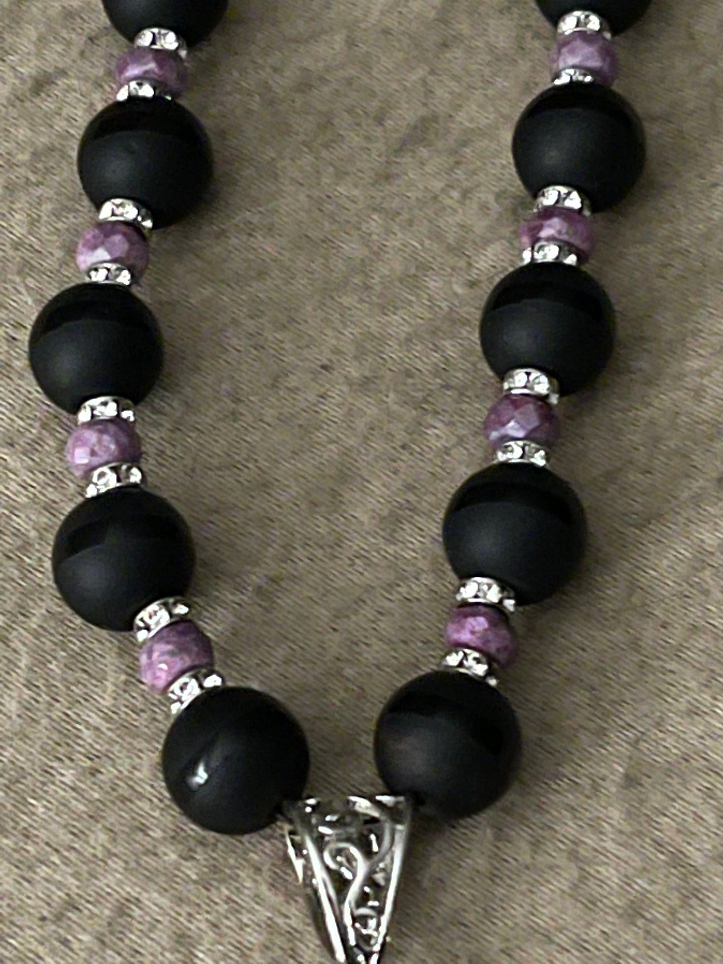 Black Onyx Swarovski Crystal, Pink Sapphire and Painted Agate Necklace