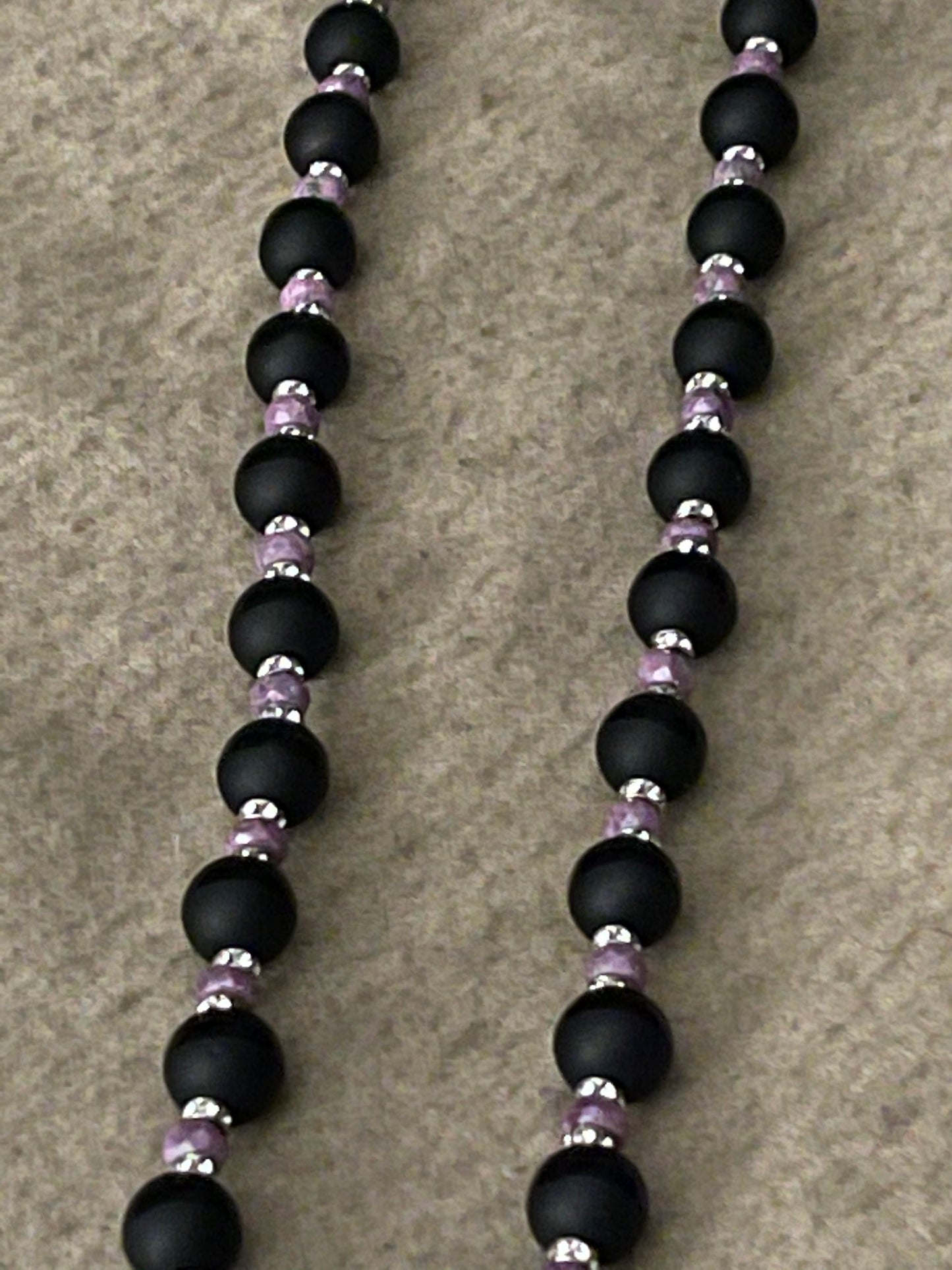 Black Onyx Swarovski Crystal, Pink Sapphire and Painted Agate Necklace