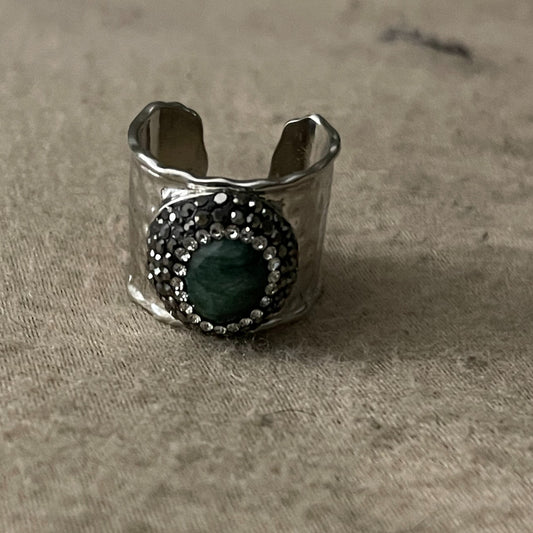 Emerald, cubic zirconia and brass adjustable ring